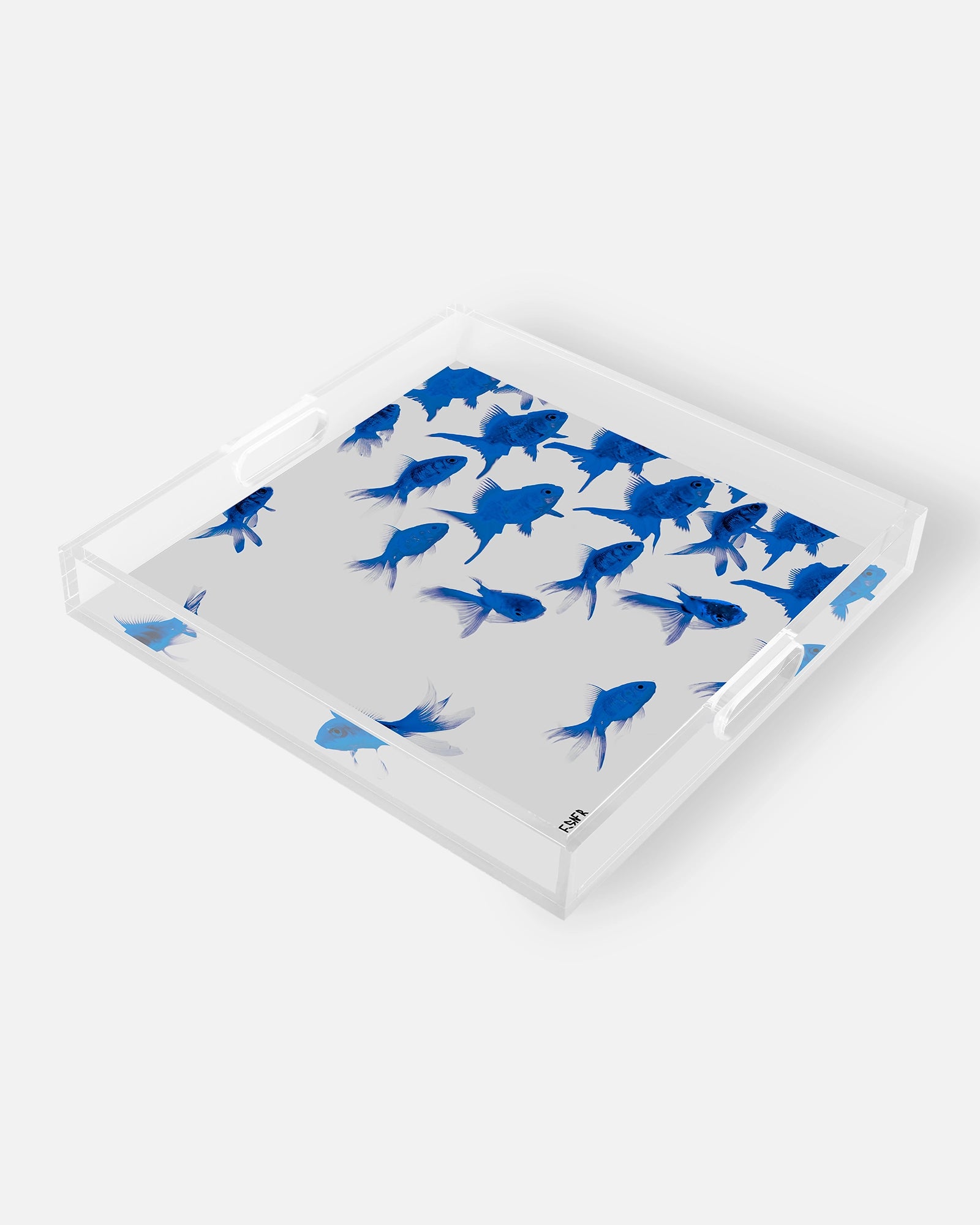 Sapphire Swim by David Stesner ArtHouse — turquoise orange square acrylic trays, top-down view