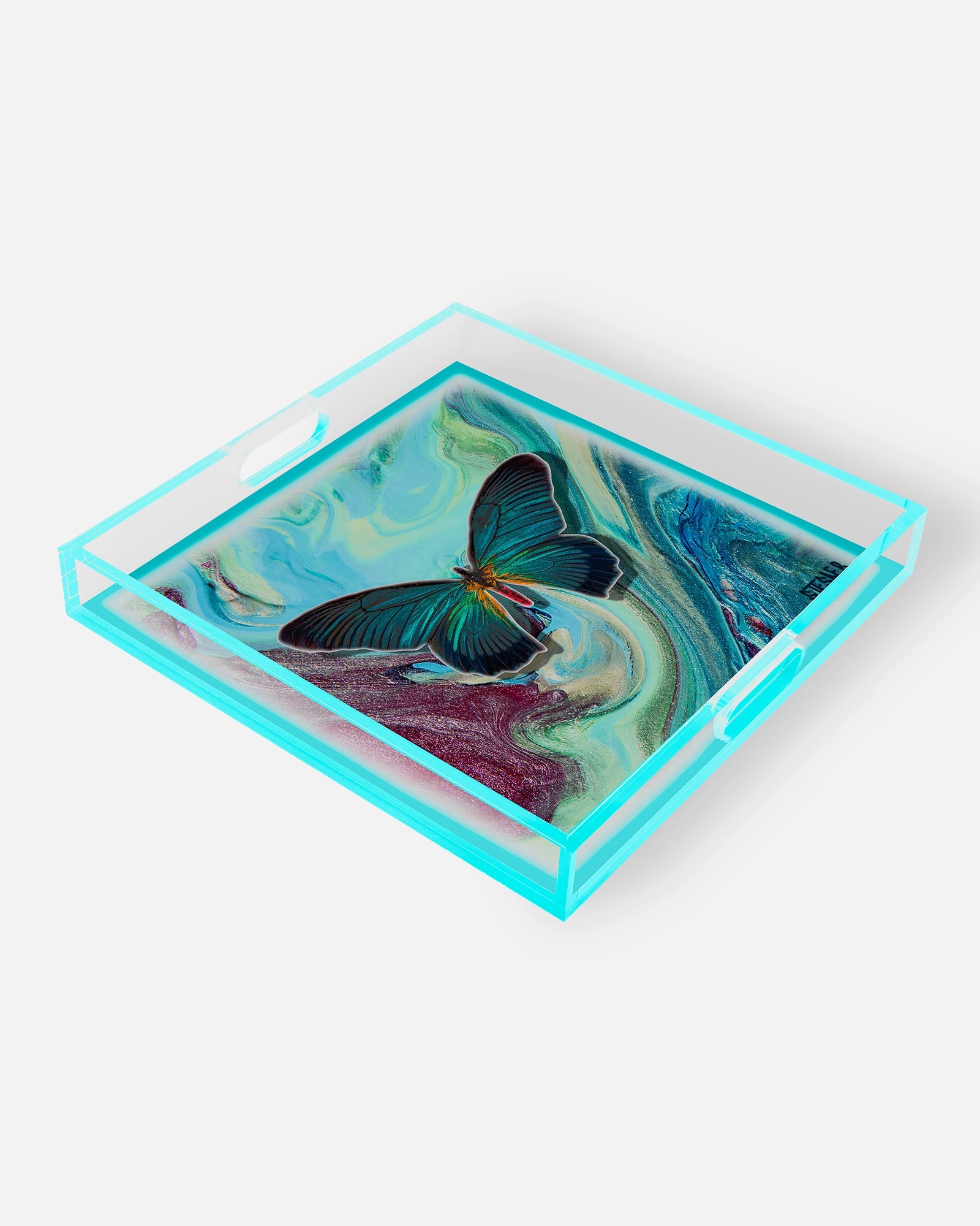 Ocean Marble Drift by David Stesner ArtHouse — blue multicolor square acrylic trays, side angle