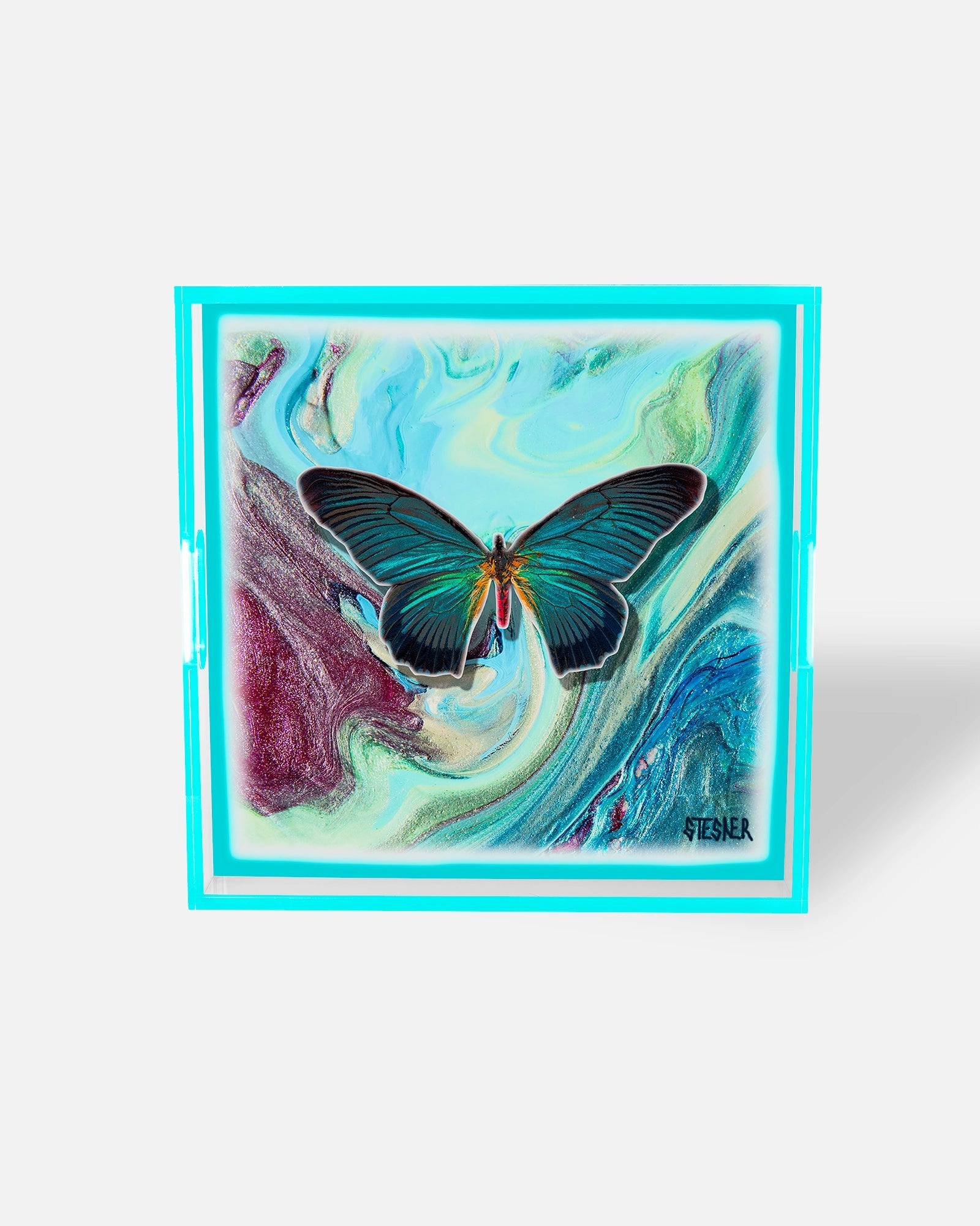 Ocean Marble Drift by David Stesner ArtHouse — blue multicolor square acrylic trays, top-down view