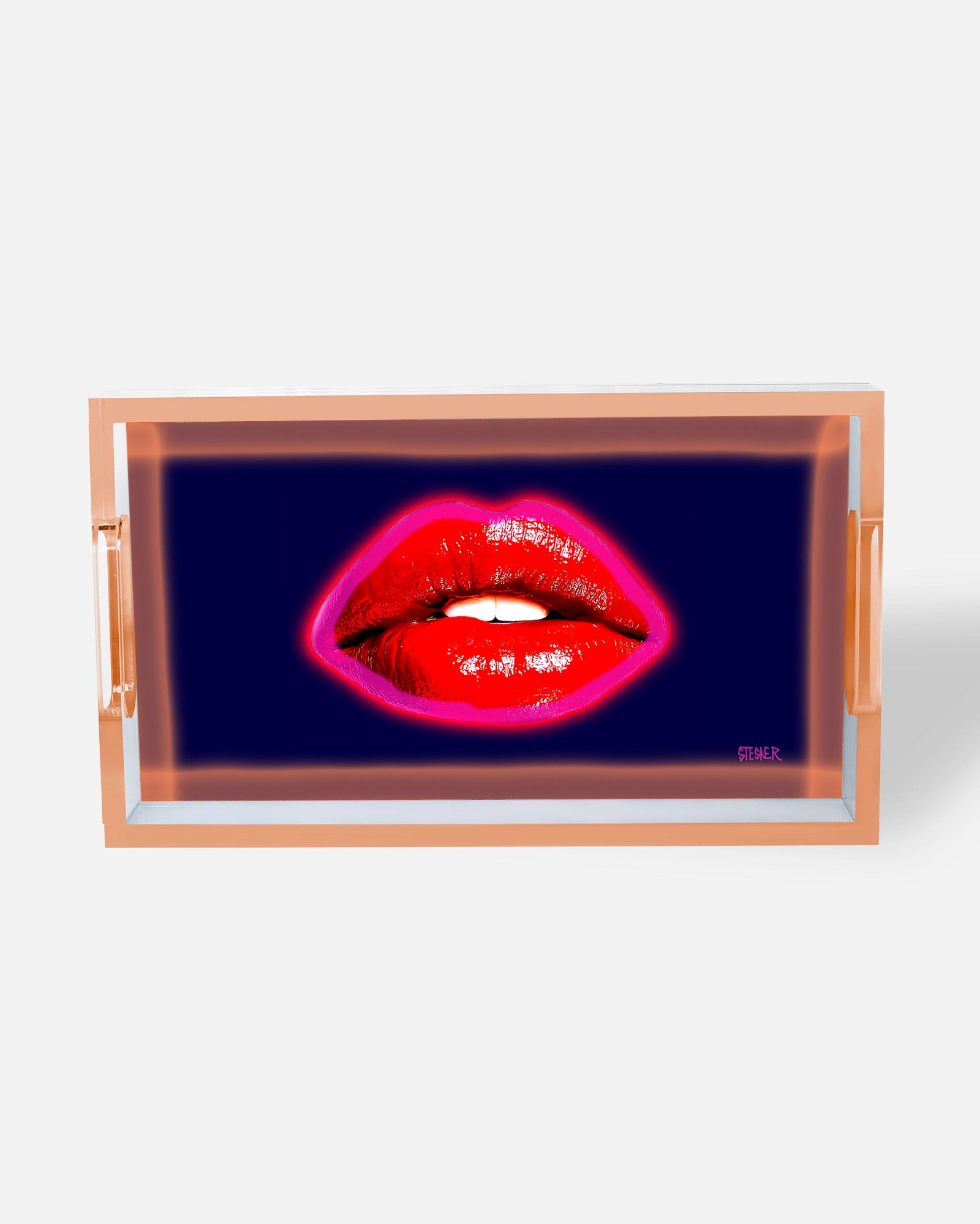 Midnight Kiss by David Stesner ArtHouse — orange black rectangle acrylic trays, side angle
