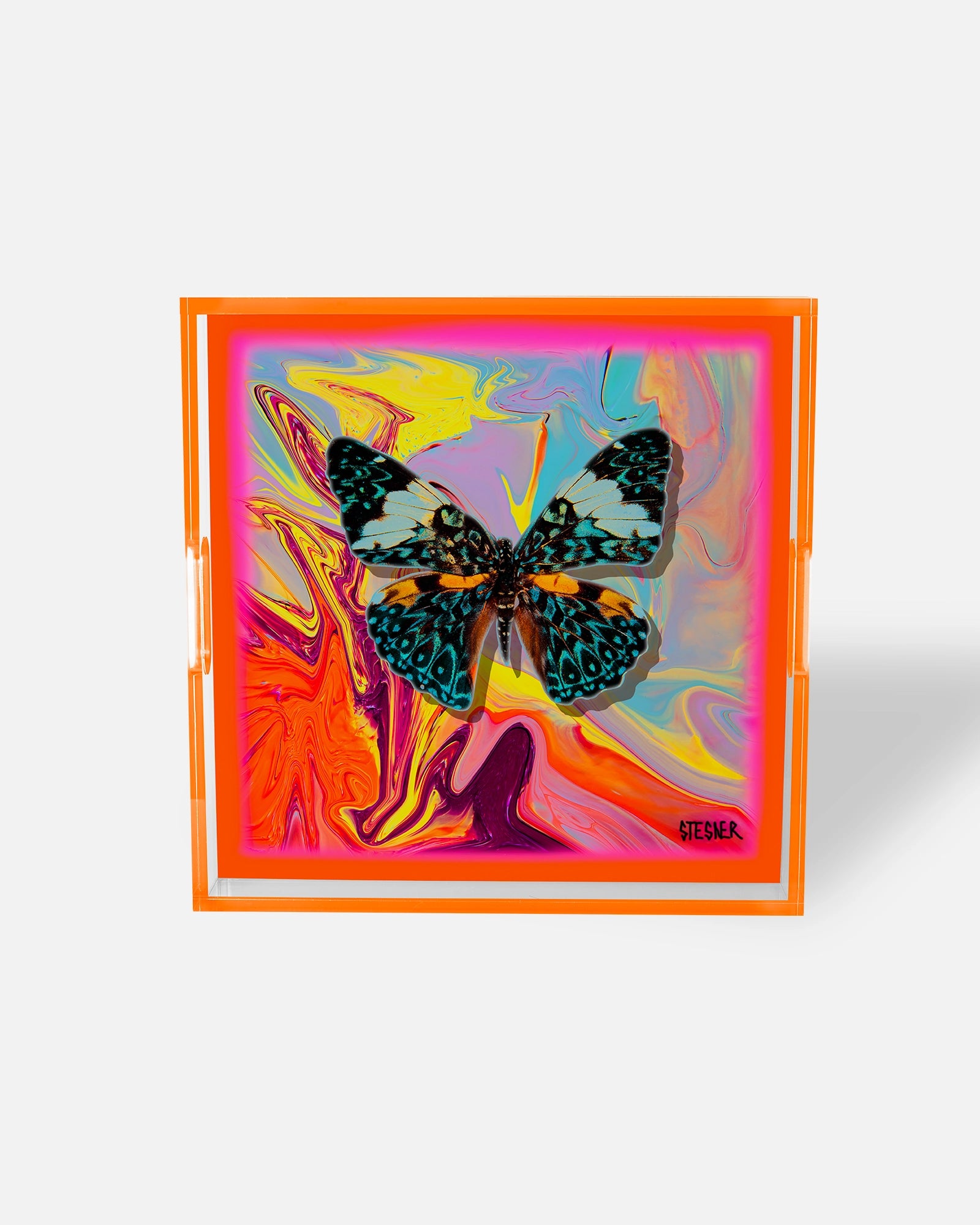 Reef Fly Swirl by David Stesner ArtHouse — multicolor blue square acrylic trays, shown in context