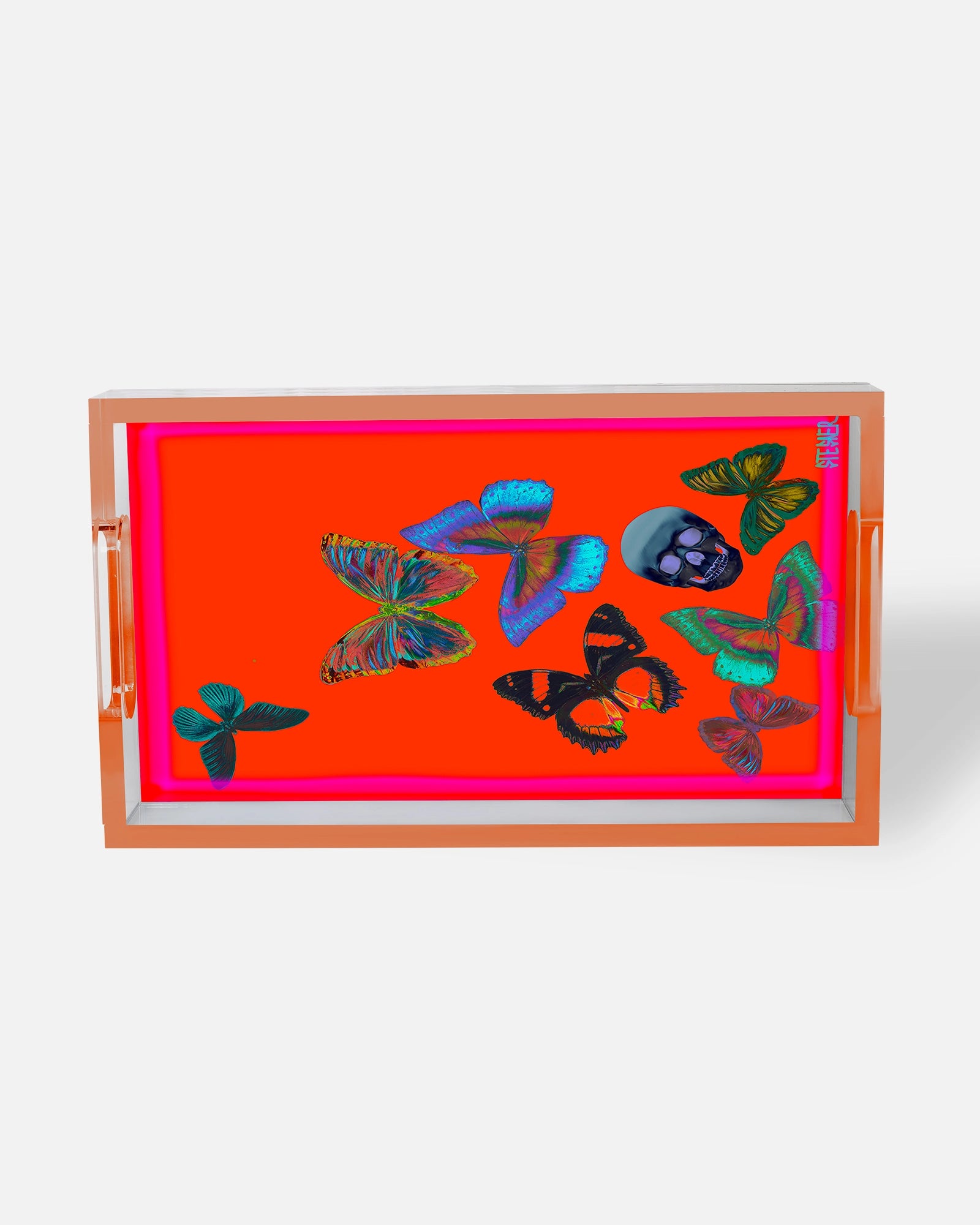 Metamorphosis in Flame by David Stesner ArtHouse — orange multicolor rectangle acrylic trays, detail close-up