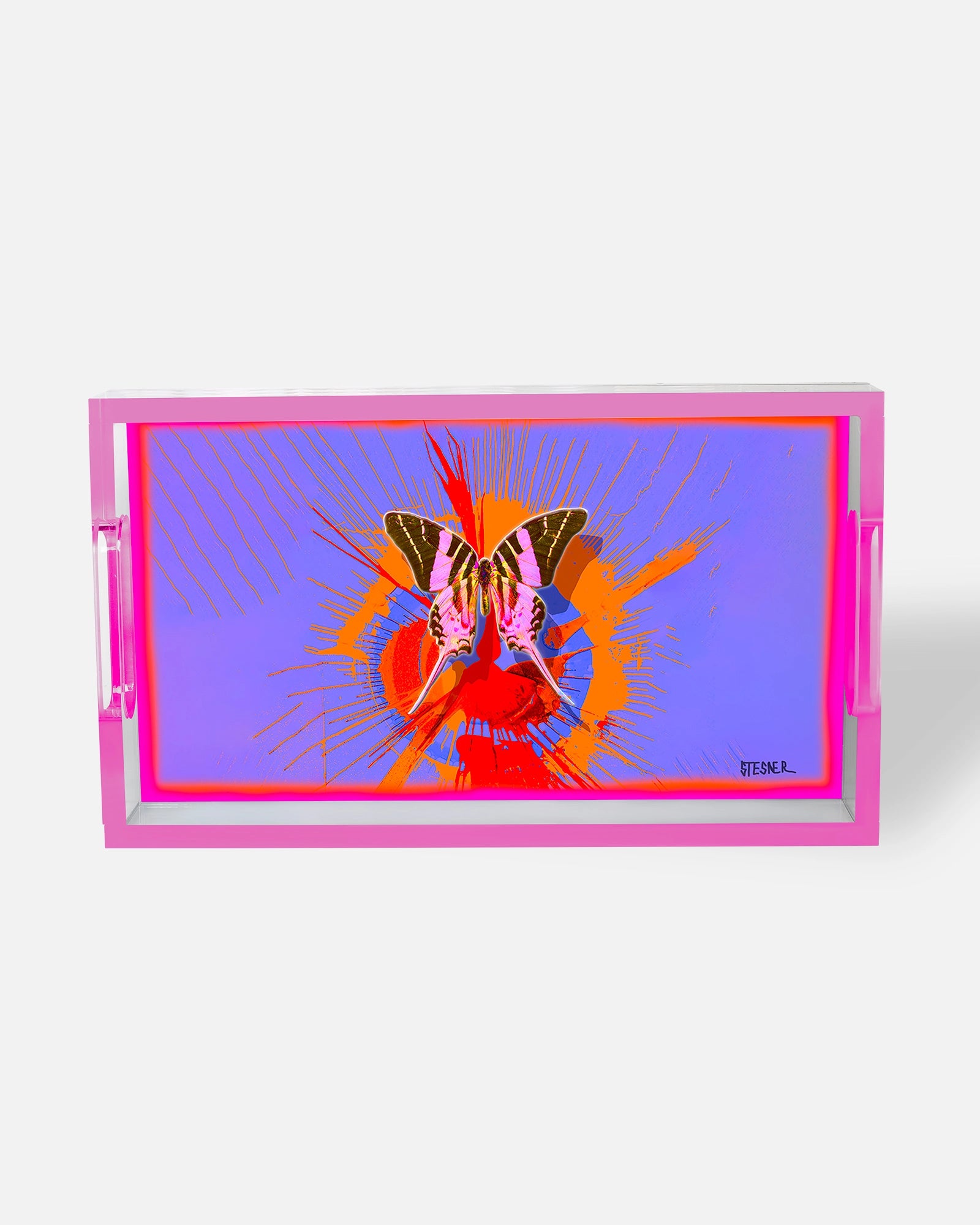 Tangerine Flight by David Stesner ArtHouse — orange multicolor rectangle acrylic trays, side angle