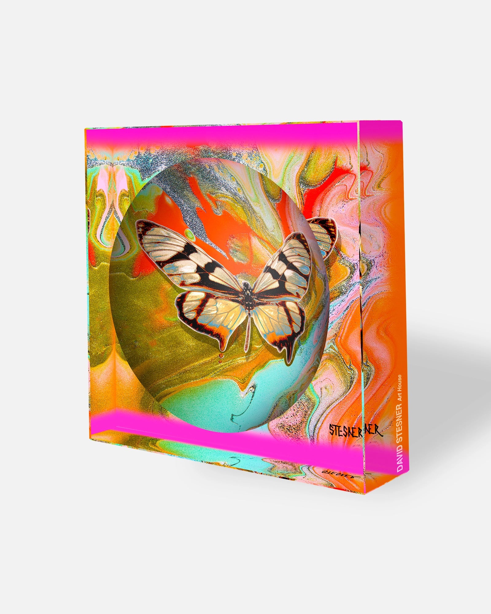 Dreamscape Drift by David Stesner ArtHouse — multicolor blue acrylic dishes, side angle
