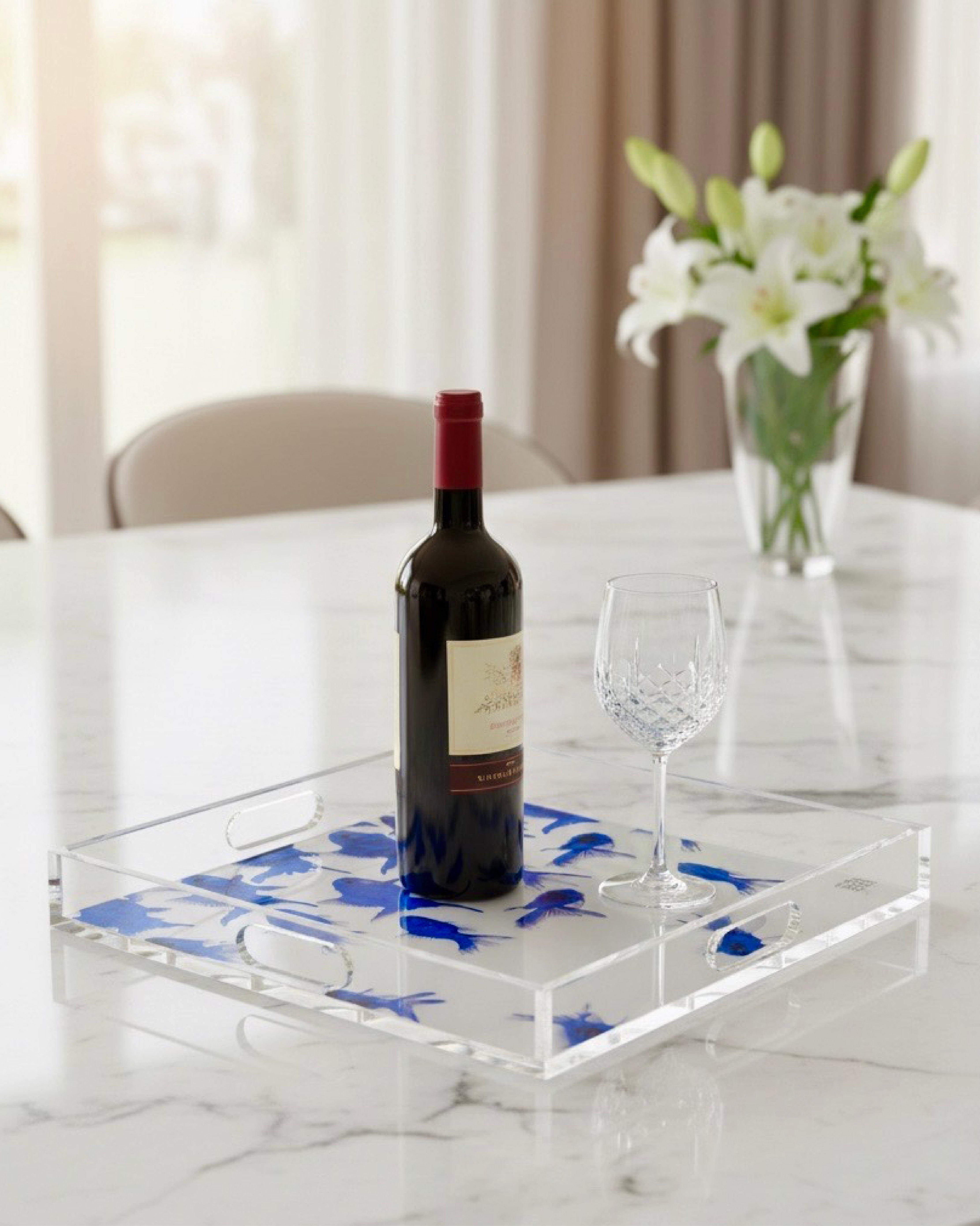 Sapphire Swim by David Stesner ArtHouse — turquoise orange square acrylic trays, side angle