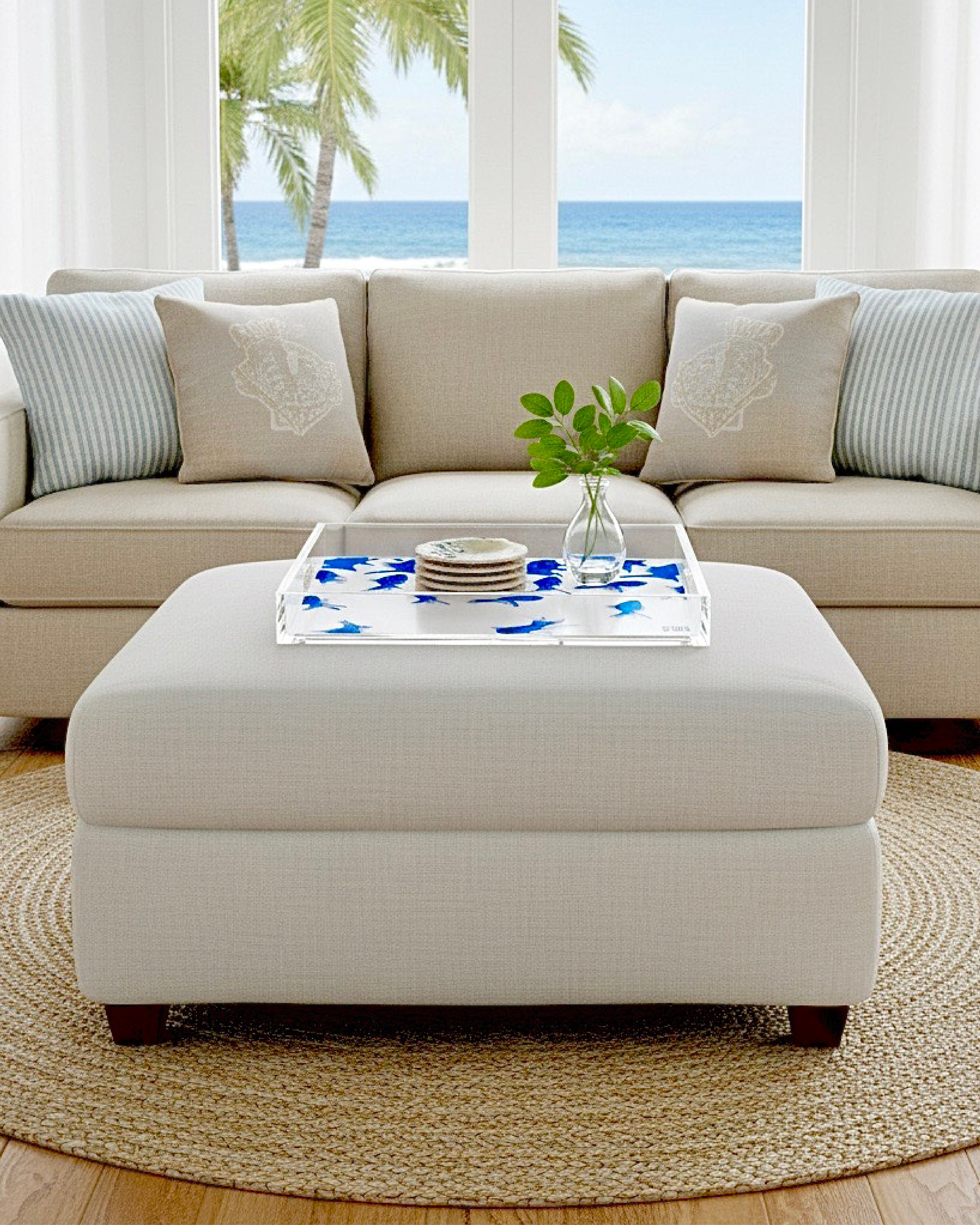 Sapphire Swim by David Stesner ArtHouse — turquoise orange square acrylic trays, styled view