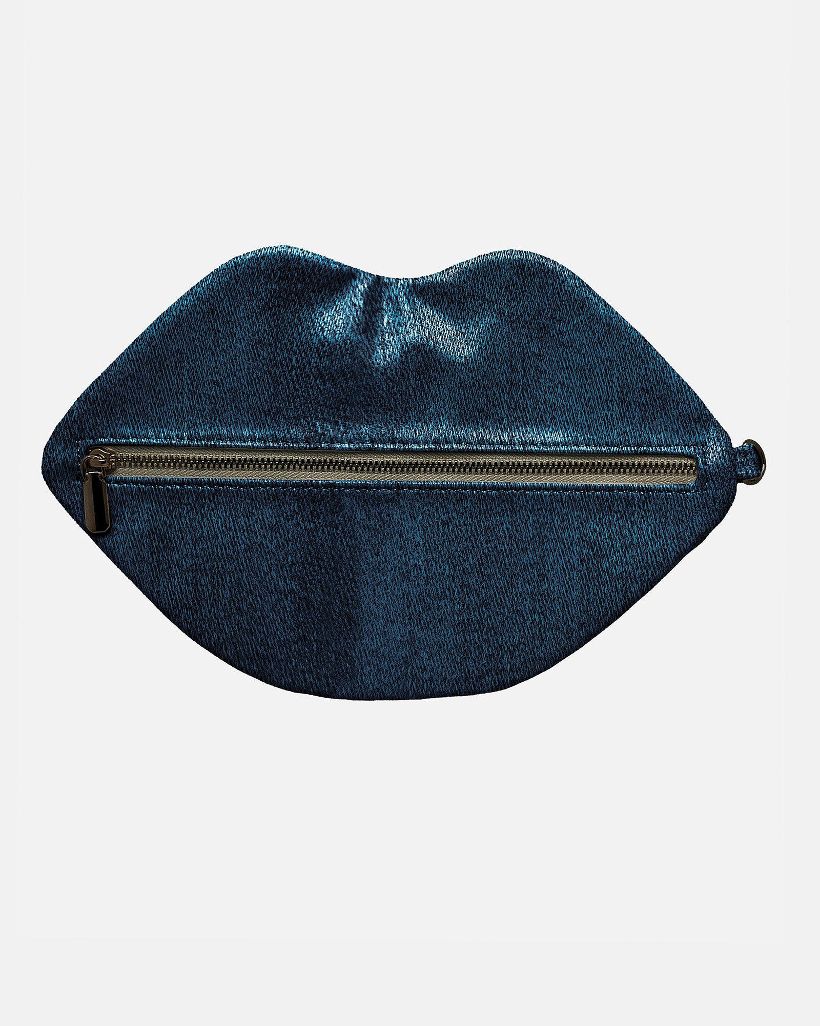 The Blake — Deep Blu Denim Lip Pouch — lip-shaped makeup pouch by David Stesner ArtHouse — front view
