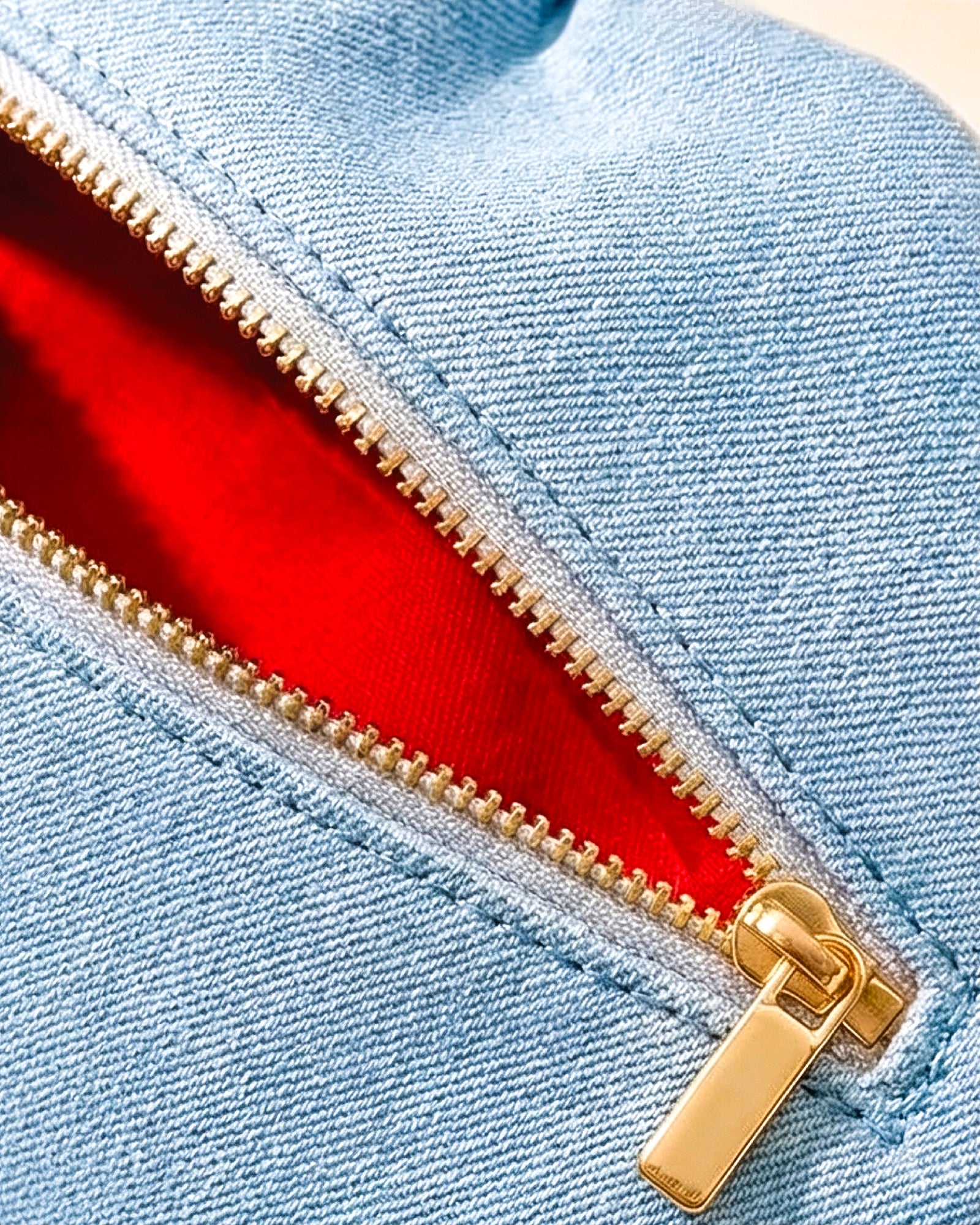 The Blake — Light Blu Denim Lip Pouch — lip-shaped makeup pouch by David Stesner ArtHouse — detail view