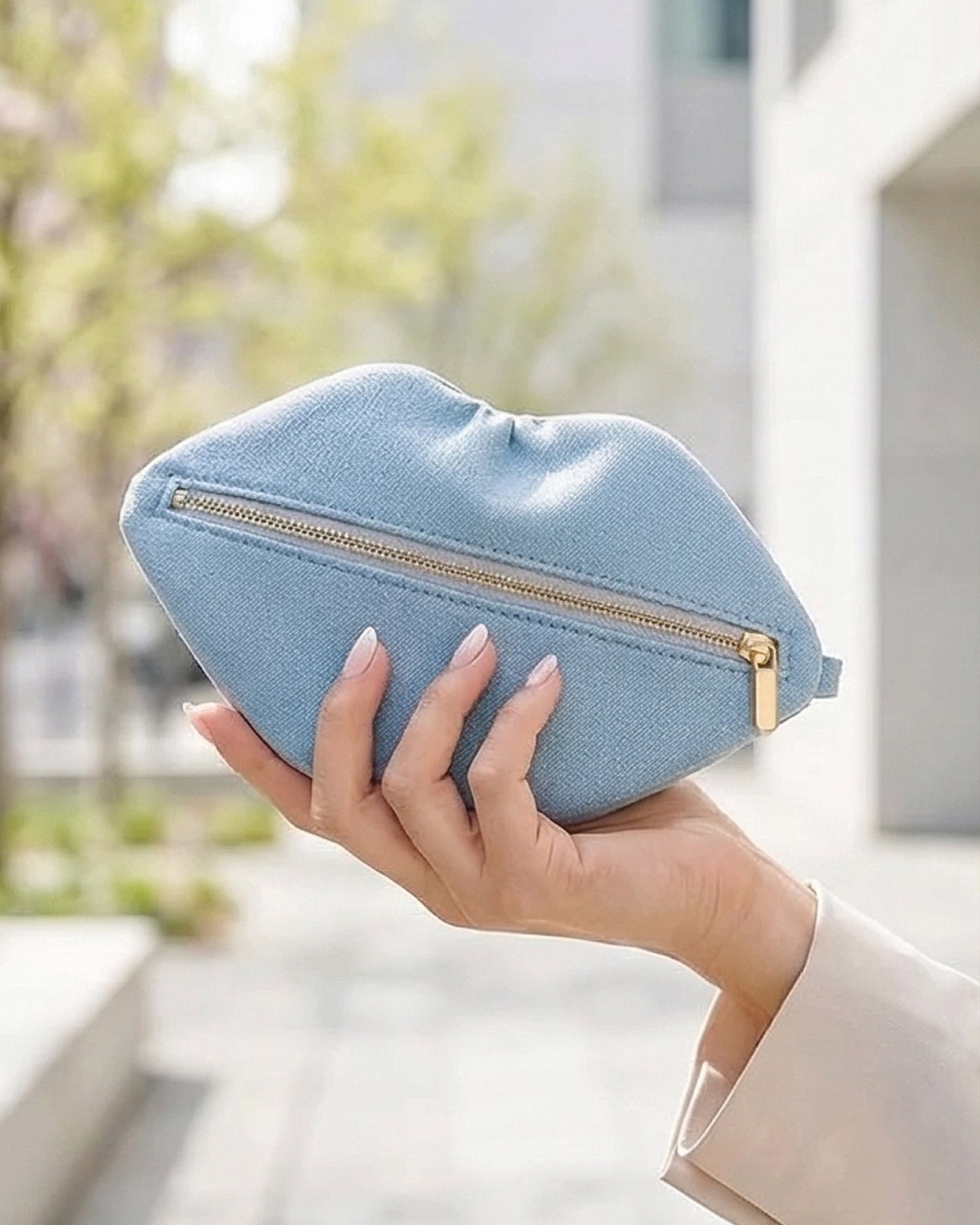The Blake — Light Blu Denim Lip Pouch — lip-shaped makeup pouch by David Stesner ArtHouse — lifestyle view