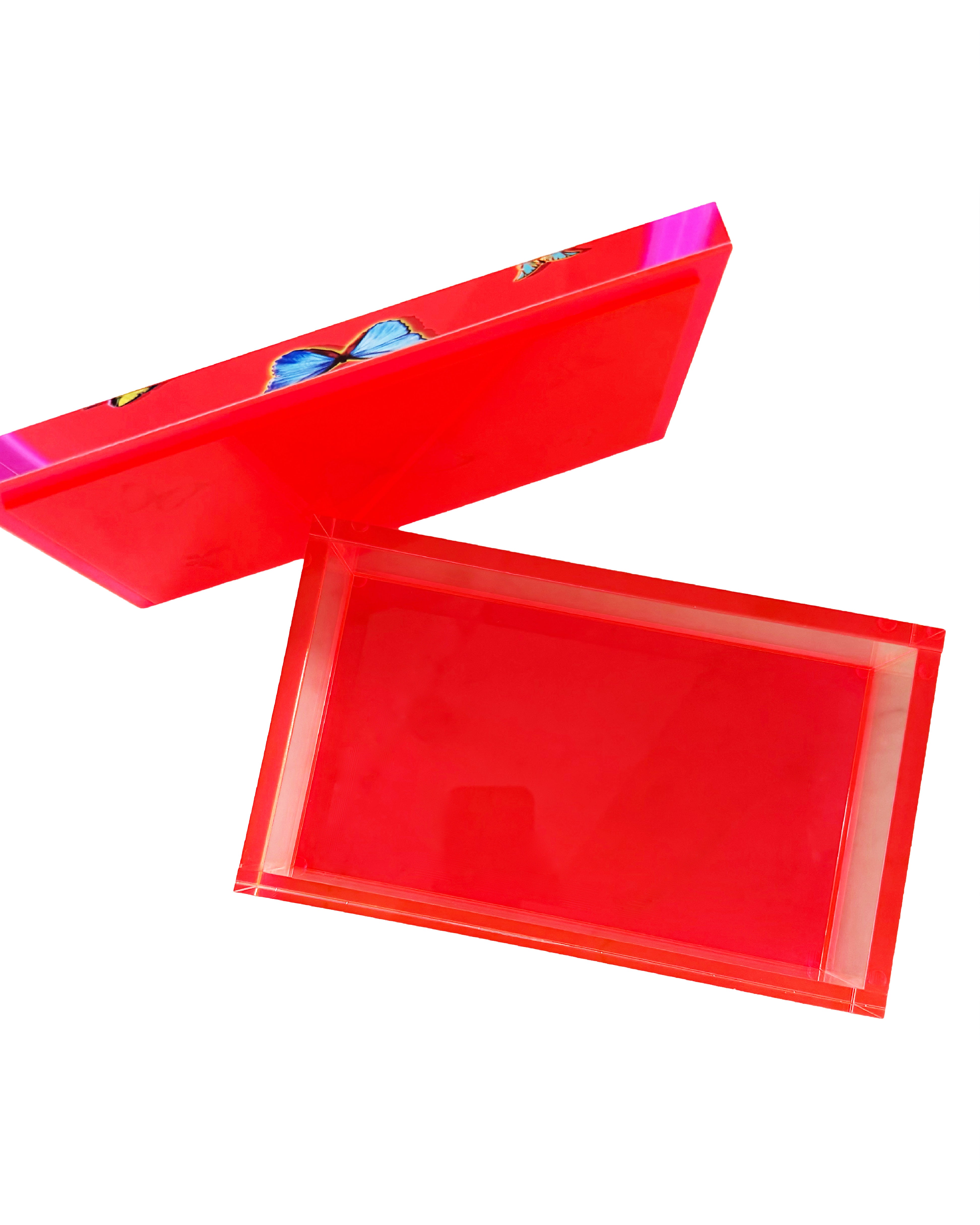 The Prima — Neon Orange + Pink Butterfly Keepsake Box — acrylic keepsake box by David Stesner ArtHouse — open view