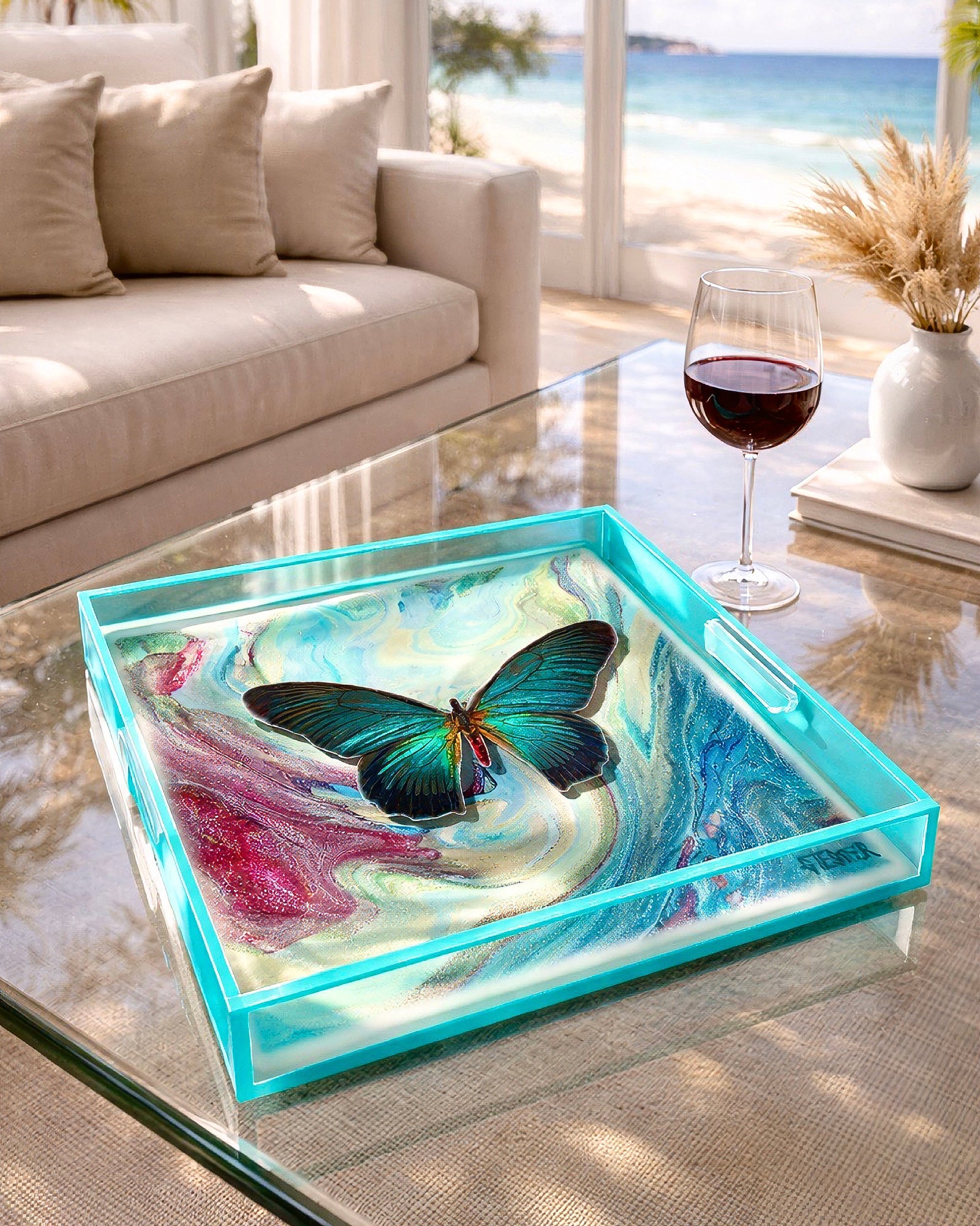 Ocean Marble Drift by David Stesner ArtHouse — blue multicolor square acrylic trays, styled view