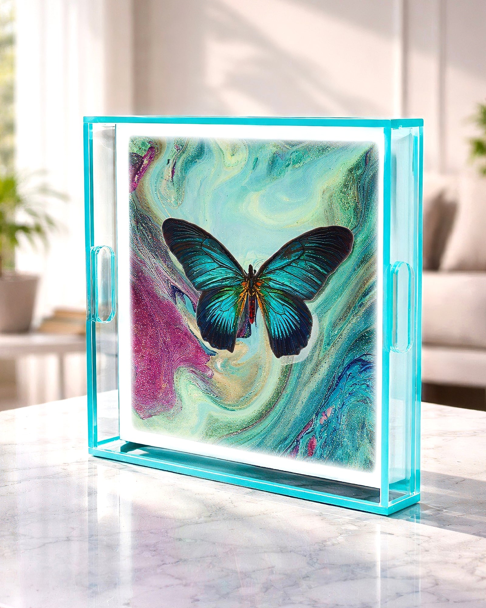 Ocean Marble Drift by David Stesner ArtHouse — blue multicolor square acrylic trays, detail close-up