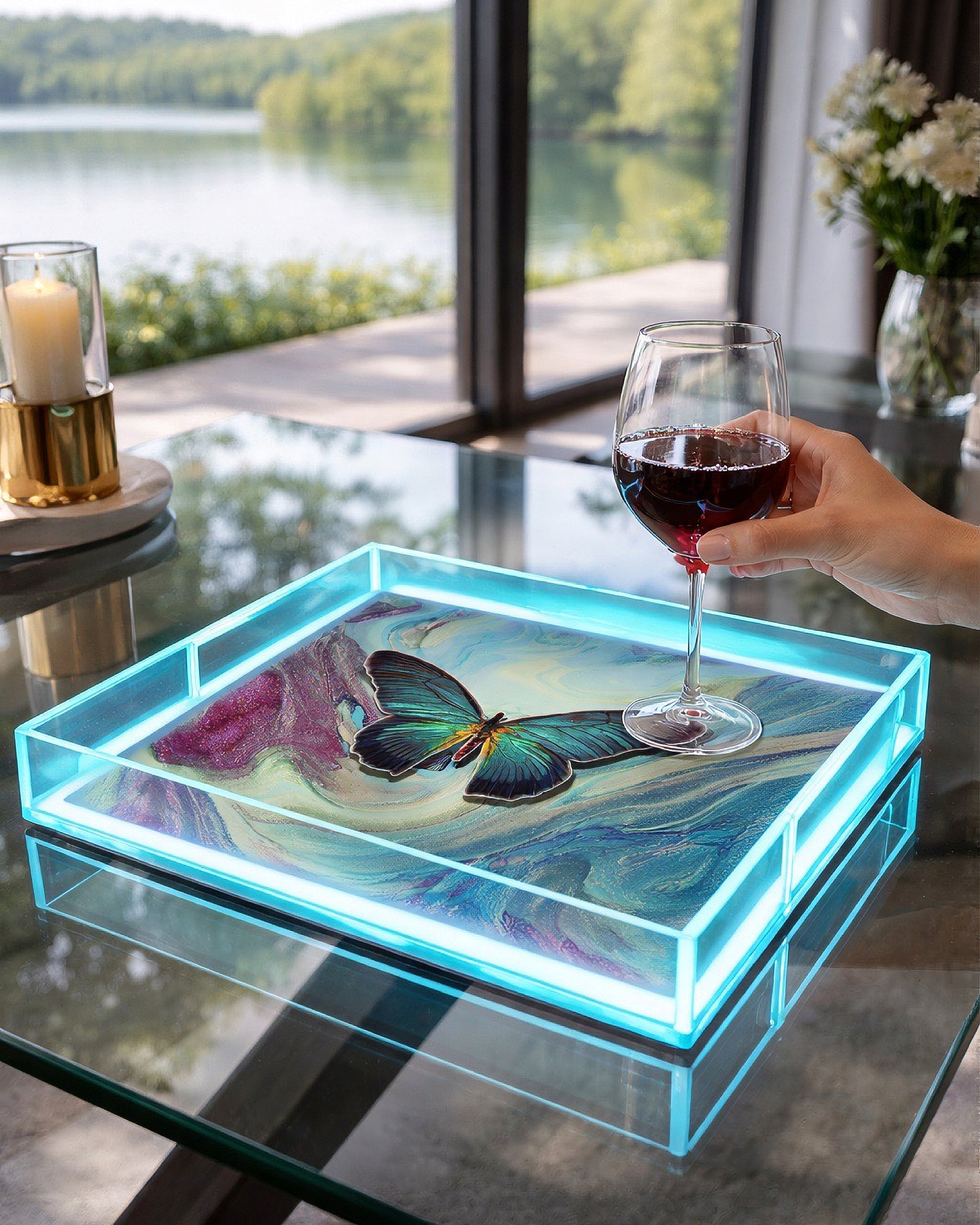 Ocean Marble Drift by David Stesner ArtHouse — blue multicolor square acrylic trays, alternate view