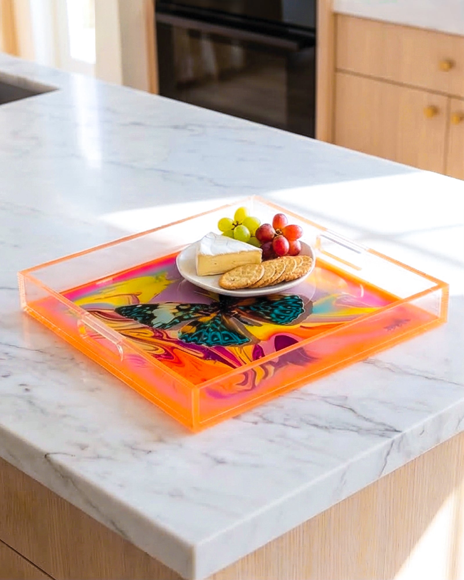 Reef Fly Swirl by David Stesner ArtHouse — multicolor blue square acrylic trays, side angle