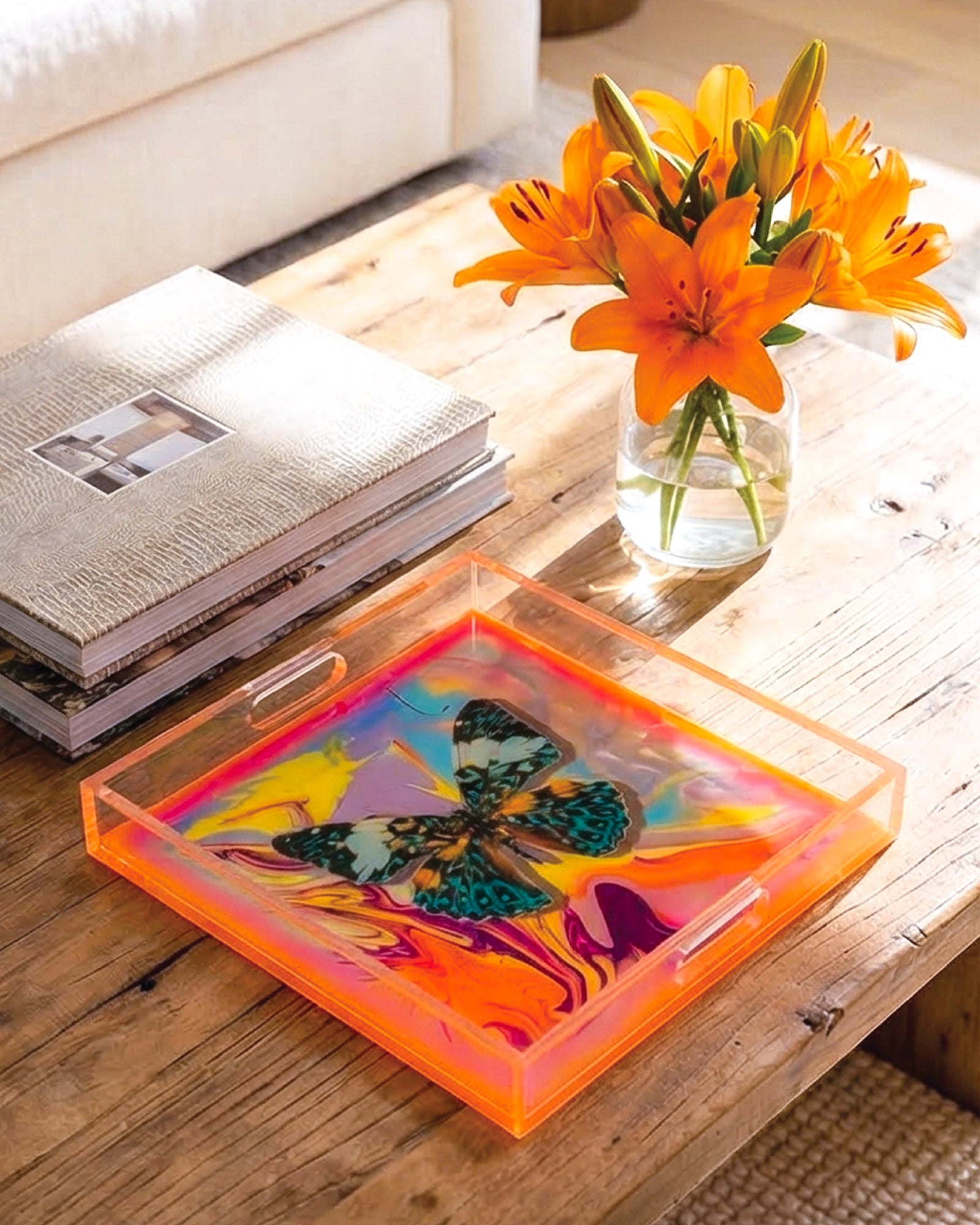 Reef Fly Swirl by David Stesner ArtHouse — multicolor blue square acrylic trays, top-down view