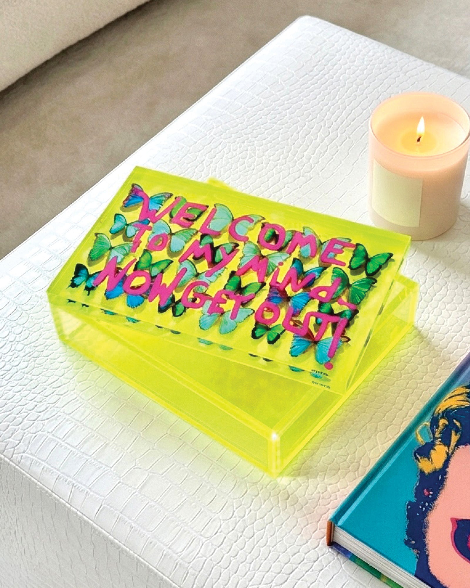 Welcome to My Mind — Neon Yellow Keepsake Box — acrylic keepsake box by David Stesner ArtHouse — view 1