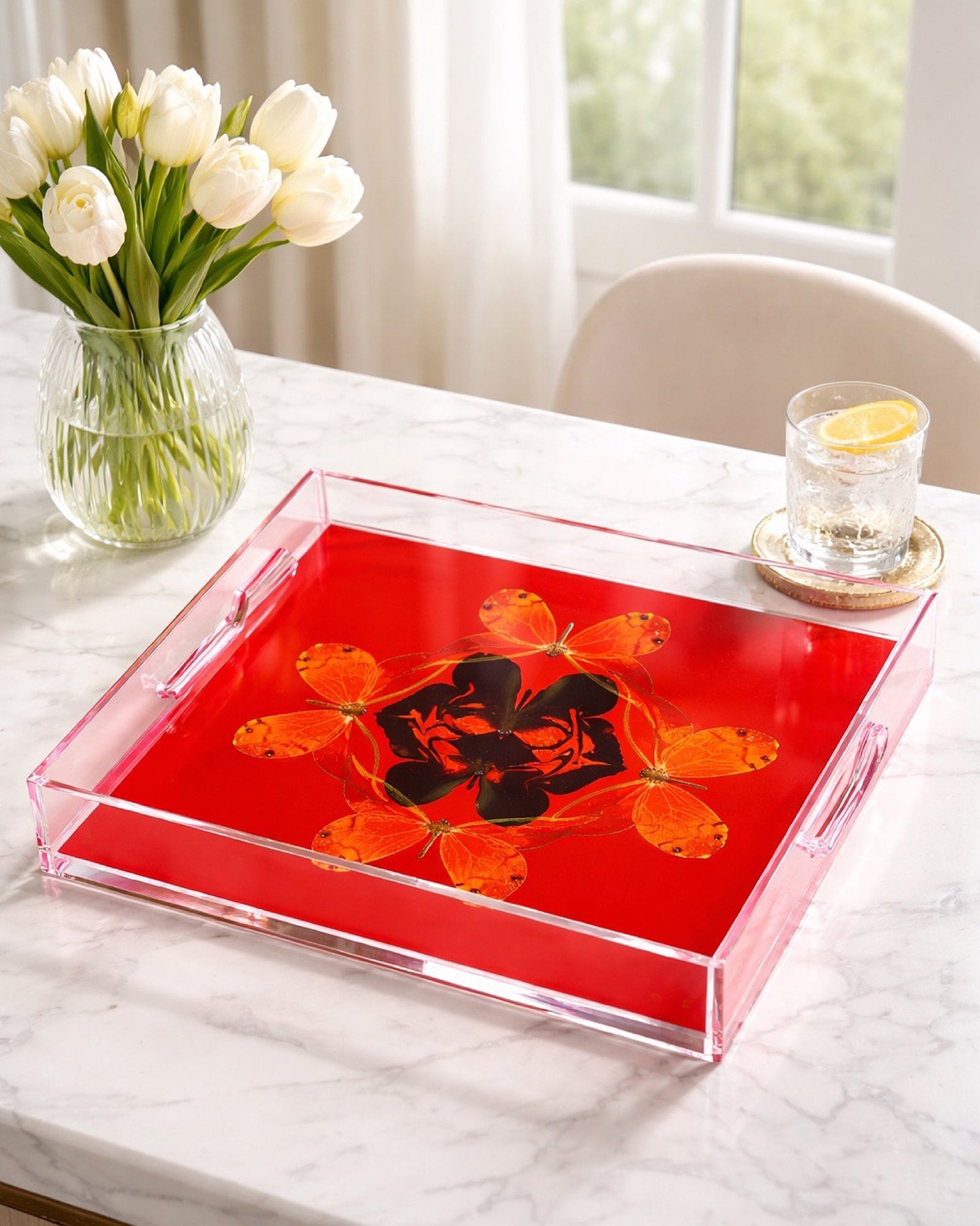 Enchained Laughter by David Stesner ArtHouse — multicolor orange square acrylic trays, alternate view