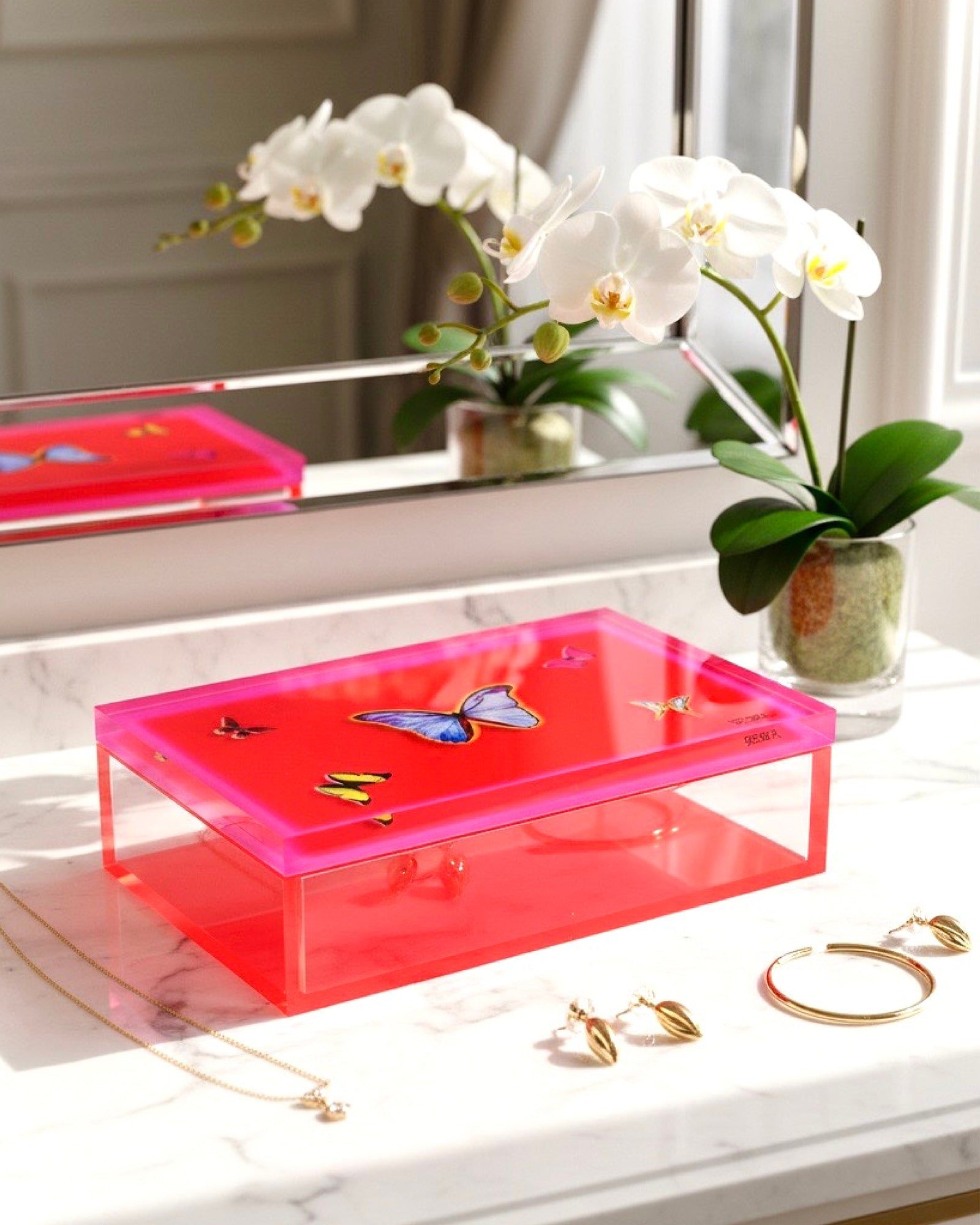 The Prima — Neon Orange + Pink Butterfly Keepsake Box — acrylic keepsake box by David Stesner ArtHouse — view 2