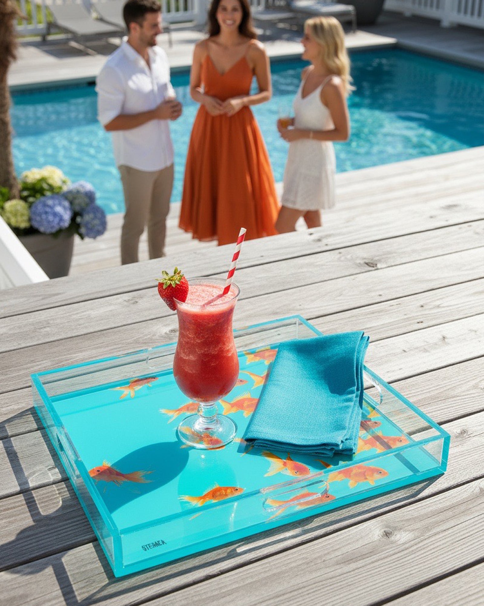 Aqua Swim by David Stesner ArtHouse — turquoise orange square acrylic trays, detail close-up