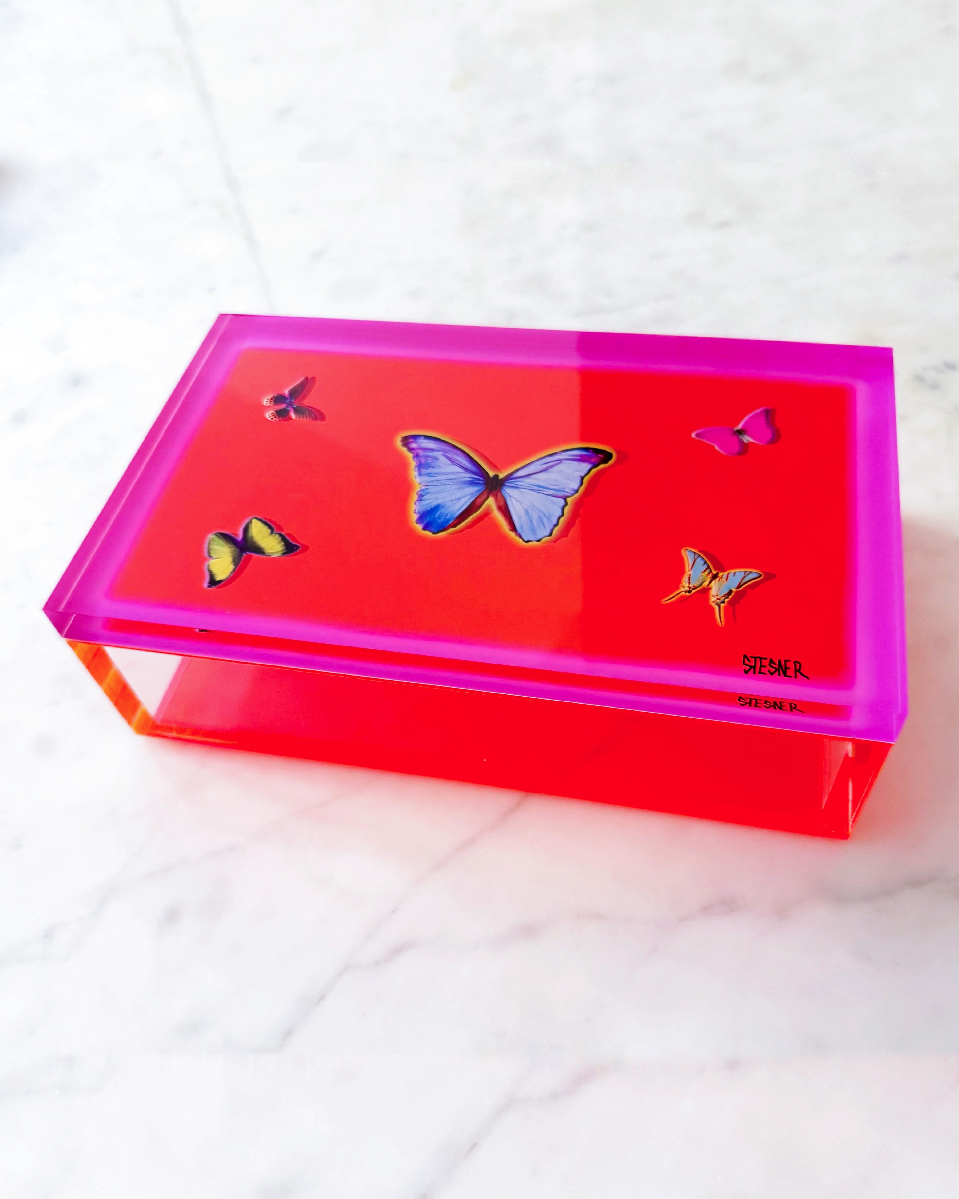 David Stesner ArtHouse Neon Pink Edge Butterfly Keepsake Box