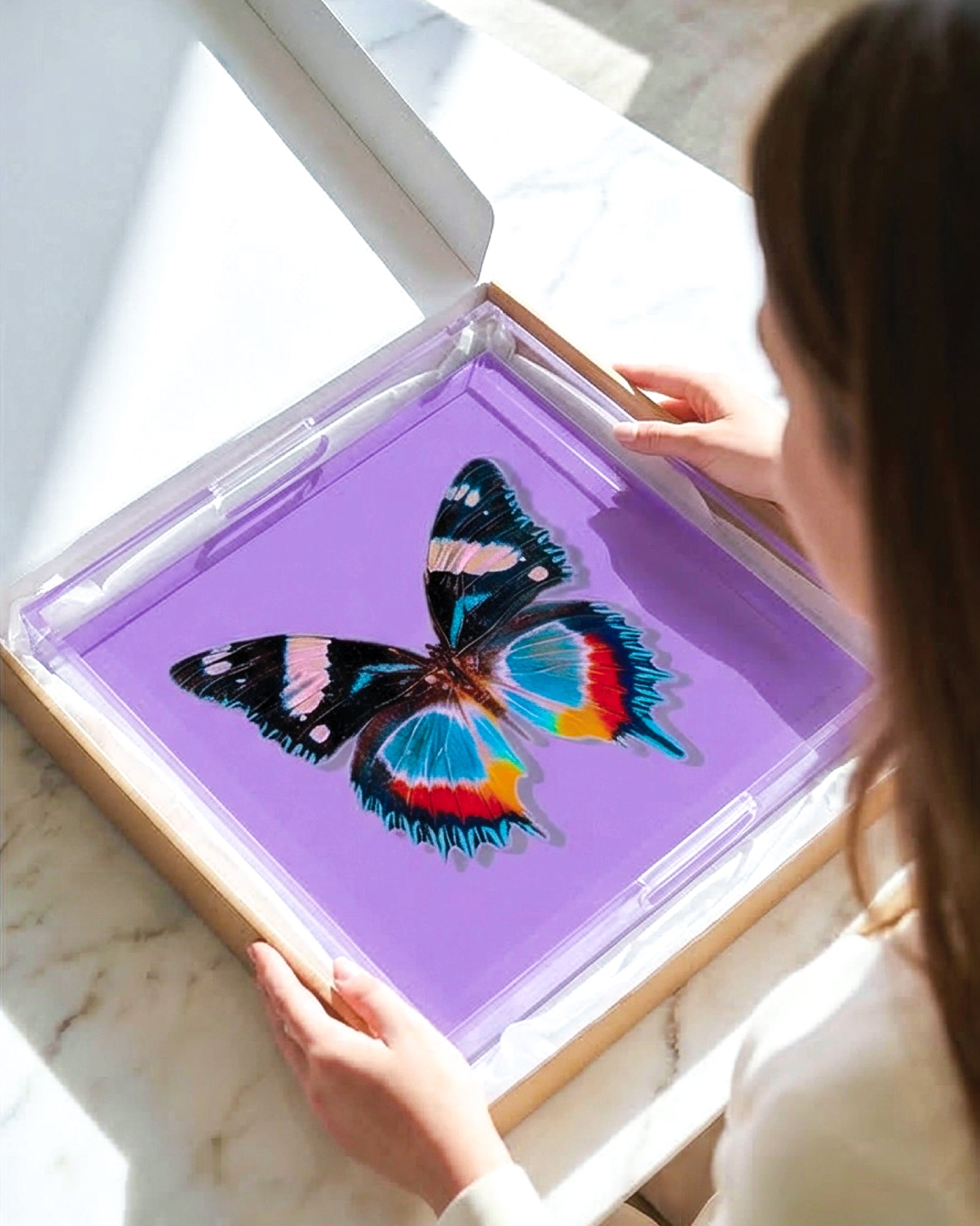 Amethyst Papillon by David Stesner ArtHouse — black white square acrylic trays, styled view