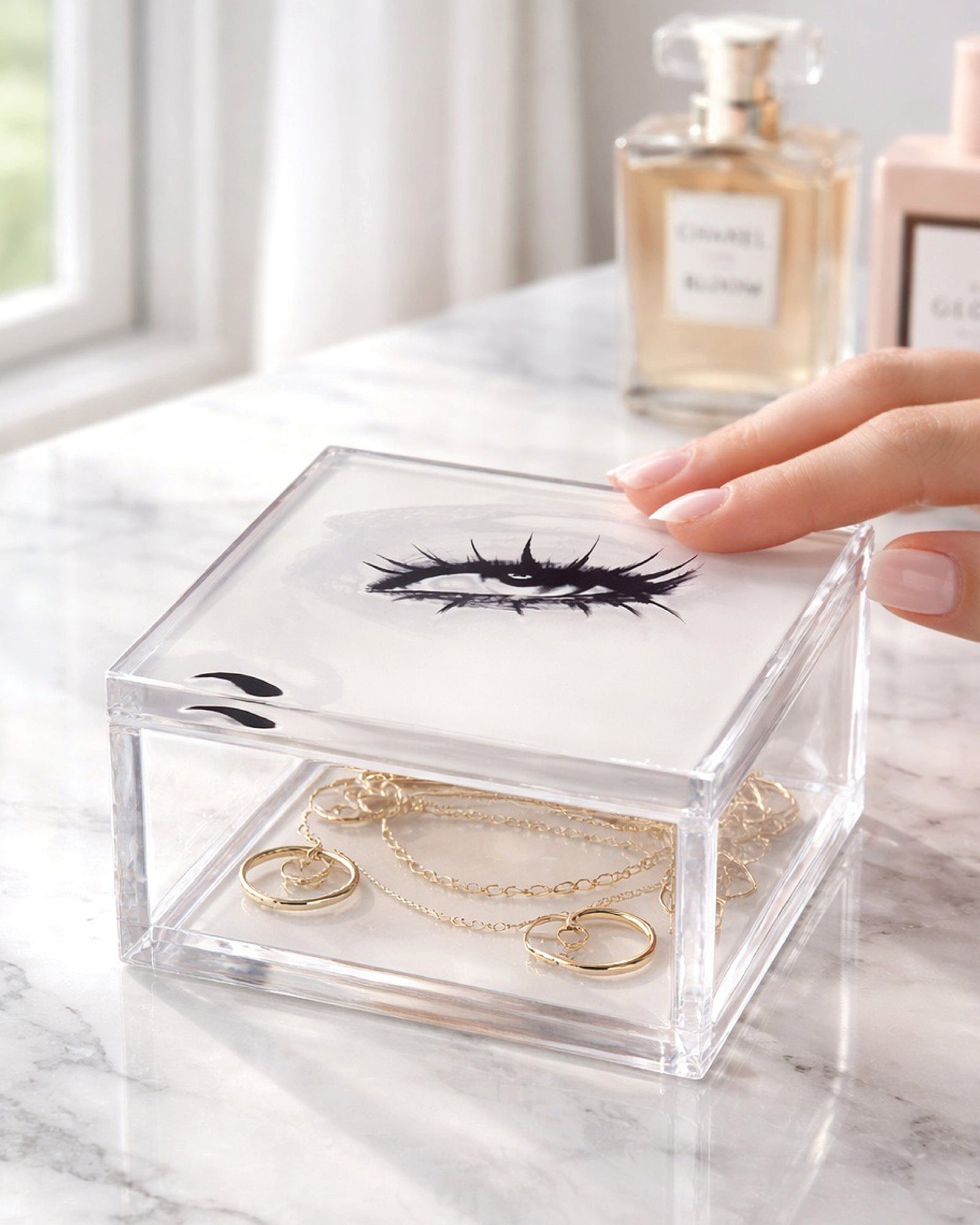 Eye Acrylic Keepsake Box | Luxury Vanity Organizer for Q-Tips, Cotton Balls & Jewelry