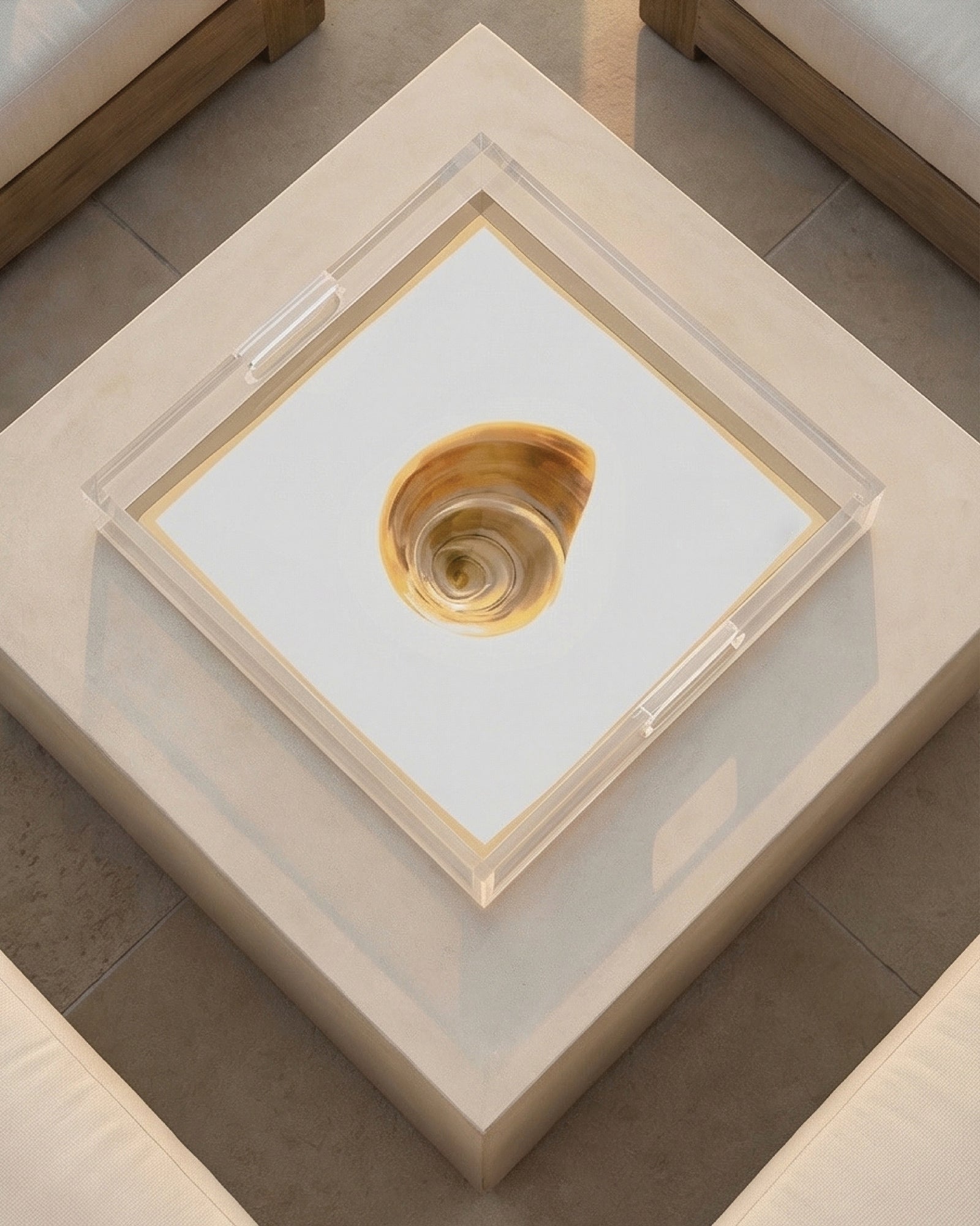 Gilded Spiral by David Stesner ArtHouse — gold orange square acrylic trays, side angle