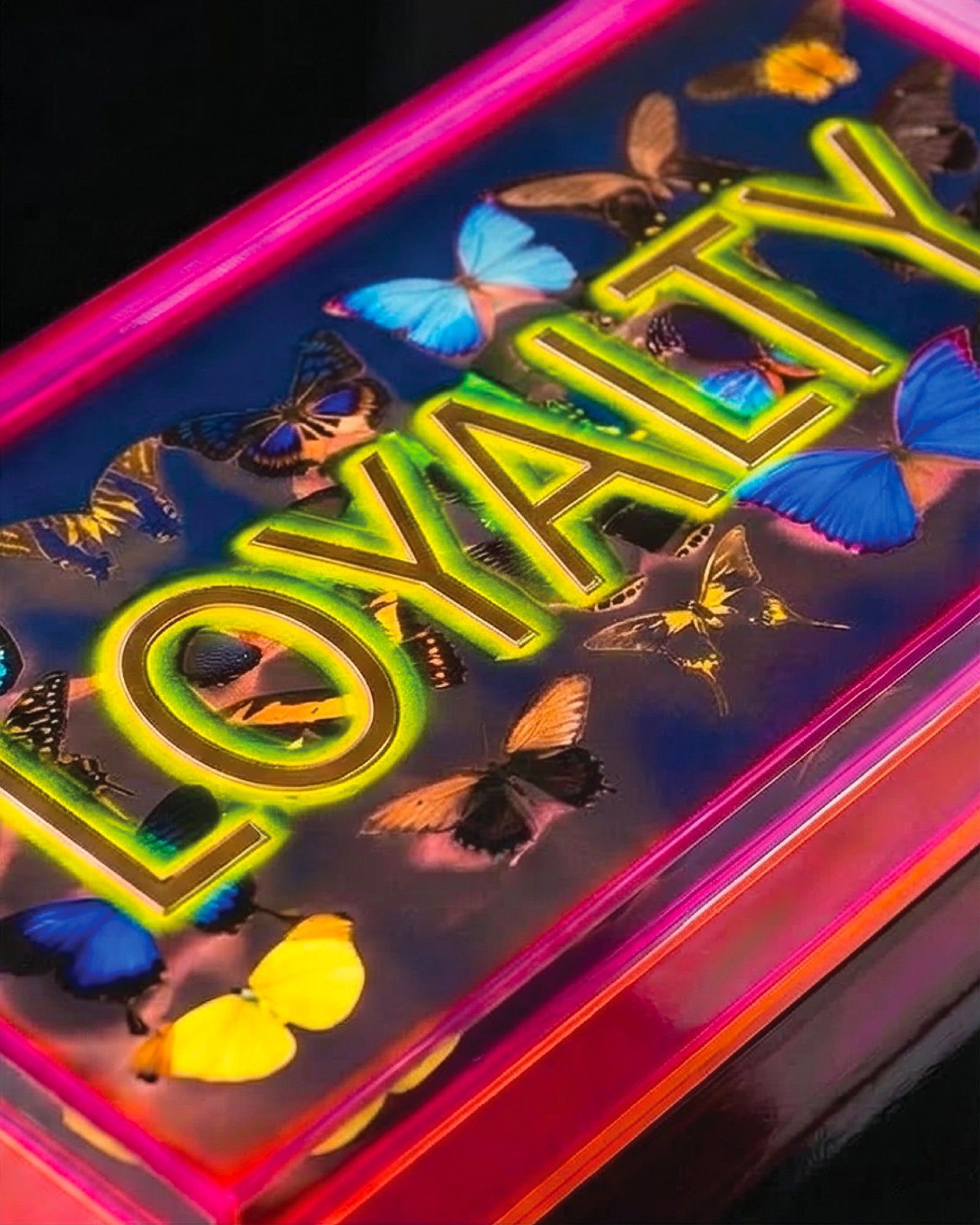 Loyalty — Neon Acrylic Word Art Keepsake Box — acrylic keepsake box by David Stesner ArtHouse — overhead view