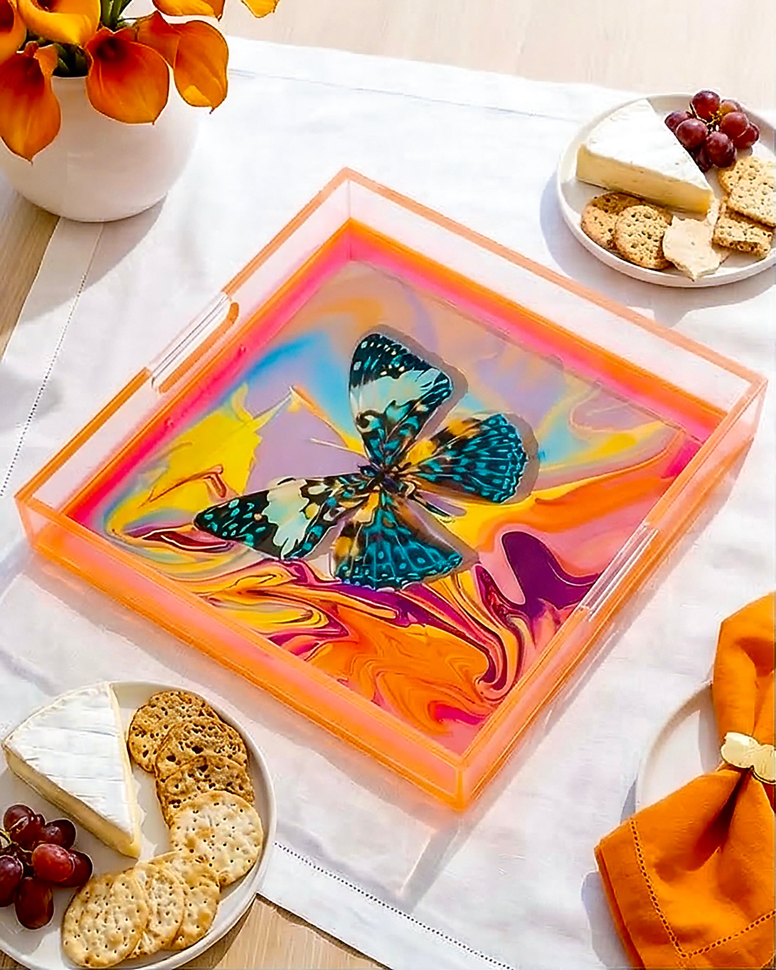 Reef Fly Swirl by David Stesner ArtHouse — multicolor blue square acrylic trays, alternate view