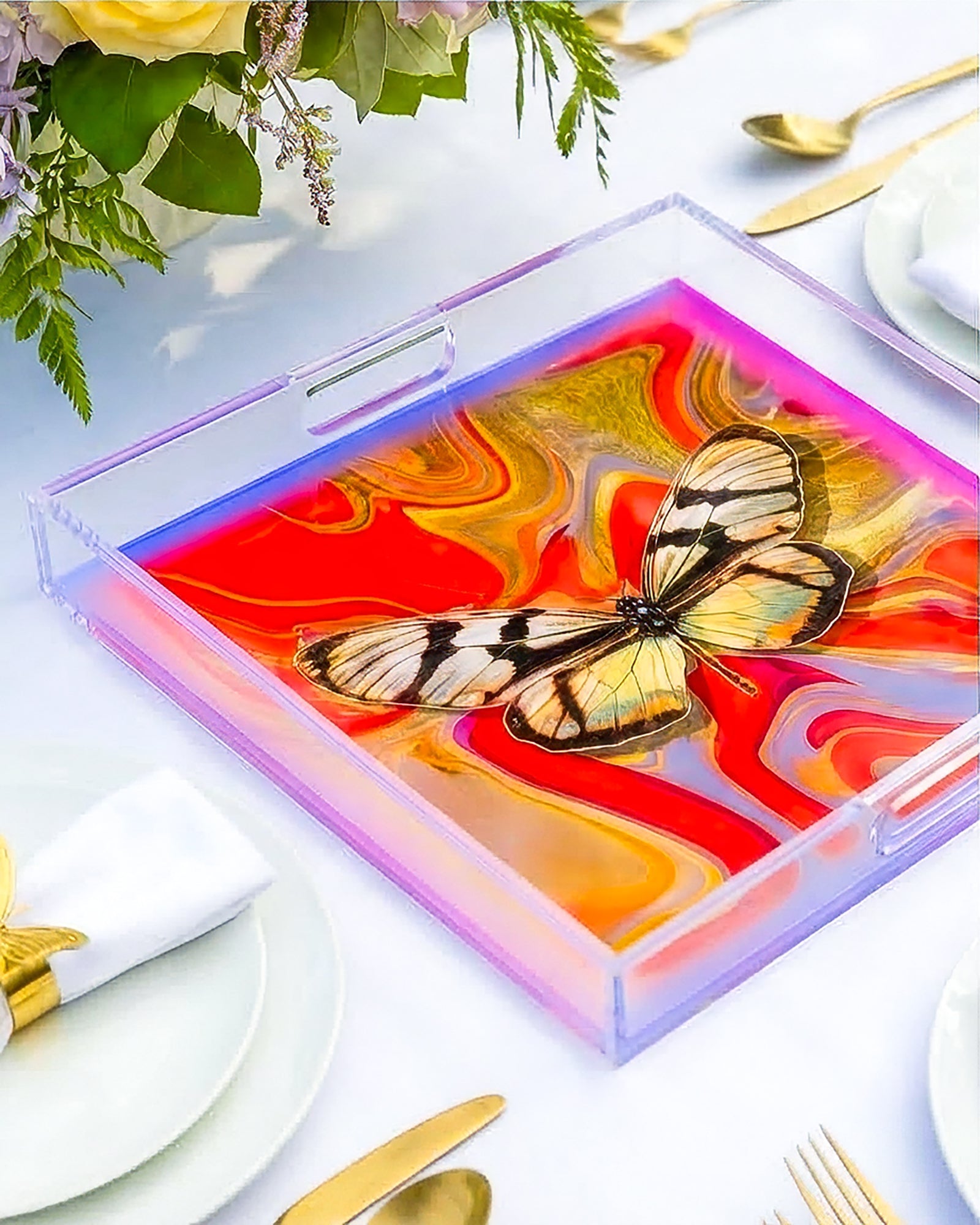 Scarlet Marble Flight by David Stesner ArtHouse — multicolor orange square acrylic trays, top-down view