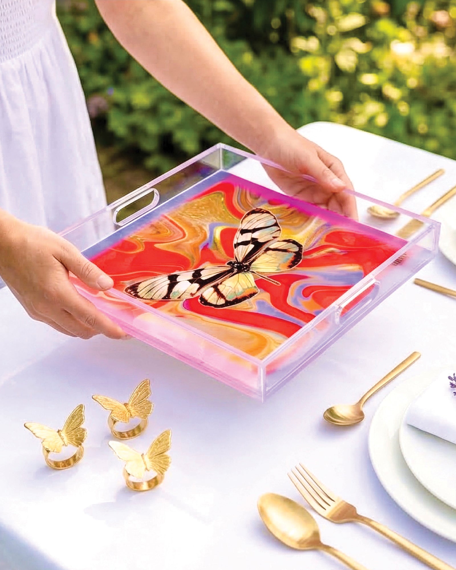 Scarlet Marble Flight by David Stesner ArtHouse — multicolor orange square acrylic trays, detail close-up