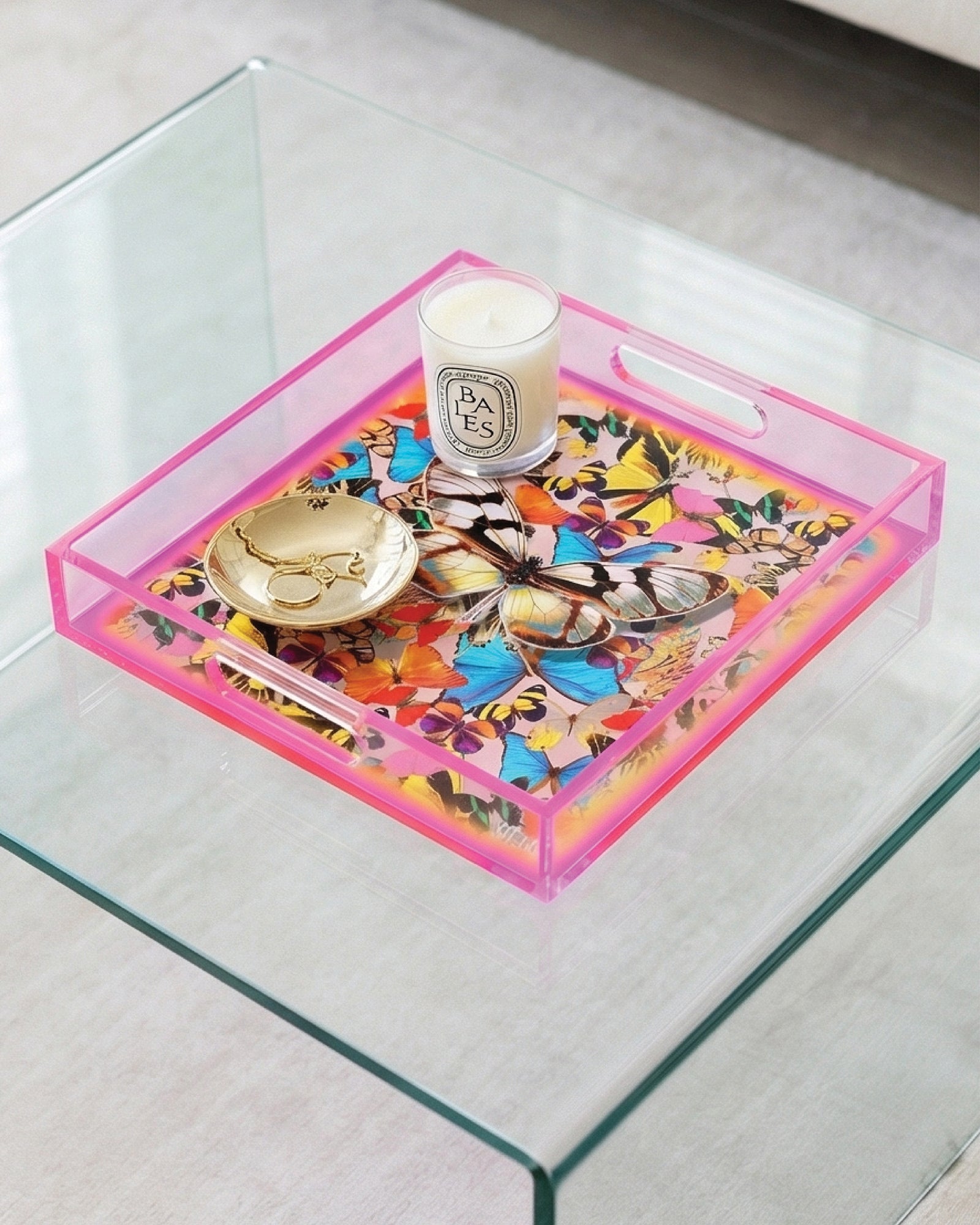 Temptations Garden by David Stesner ArtHouse — multicolor purple square acrylic trays, top-down view