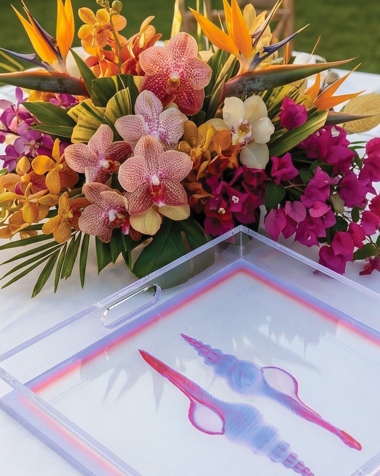 Twin Whispers by David Stesner ArtHouse — white multicolor square acrylic trays, side angle