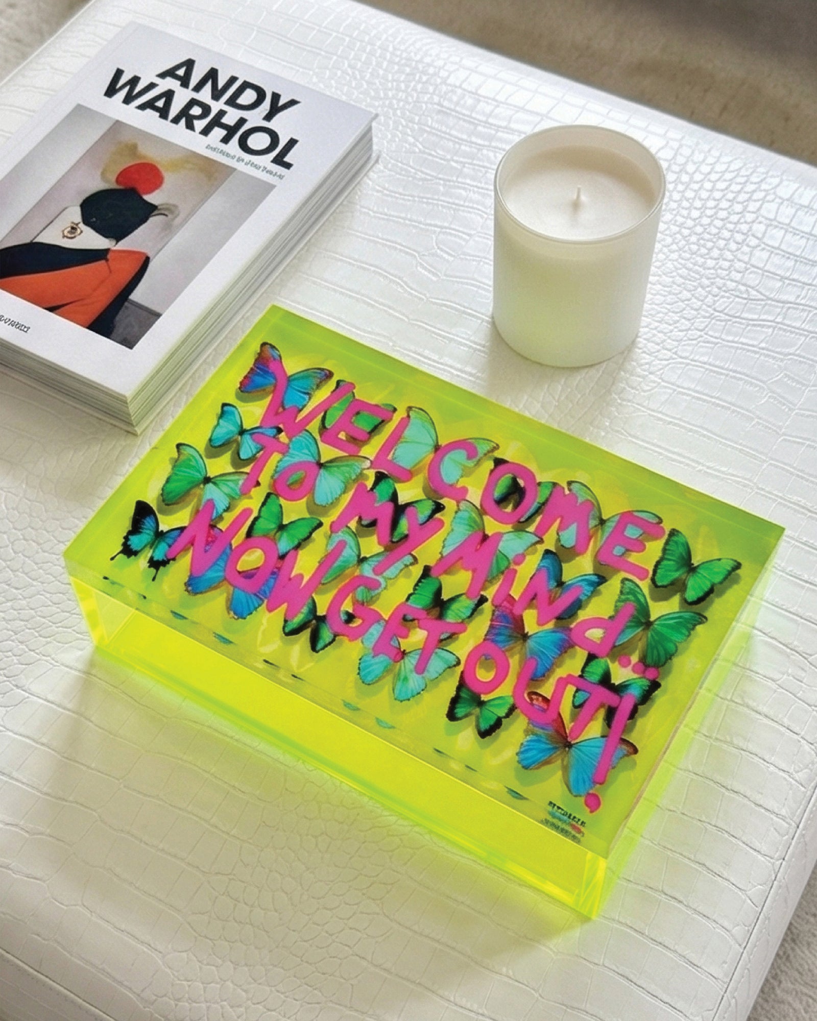 Welcome to My Mind — Neon Yellow Keepsake Box — acrylic keepsake box by David Stesner ArtHouse — styled display