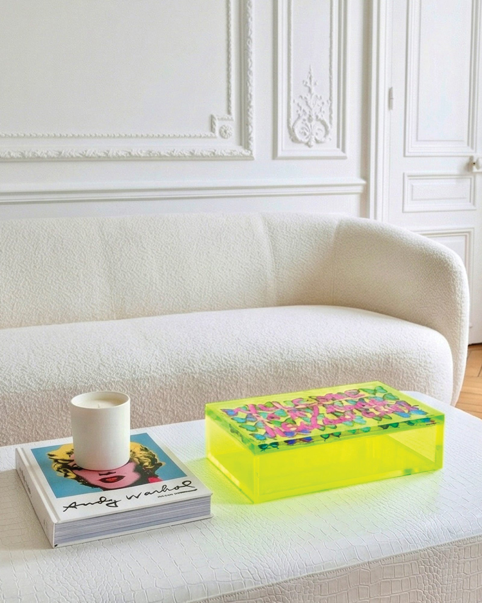 Welcome to My Mind — Neon Yellow Keepsake Box — acrylic keepsake box by David Stesner ArtHouse — angle view